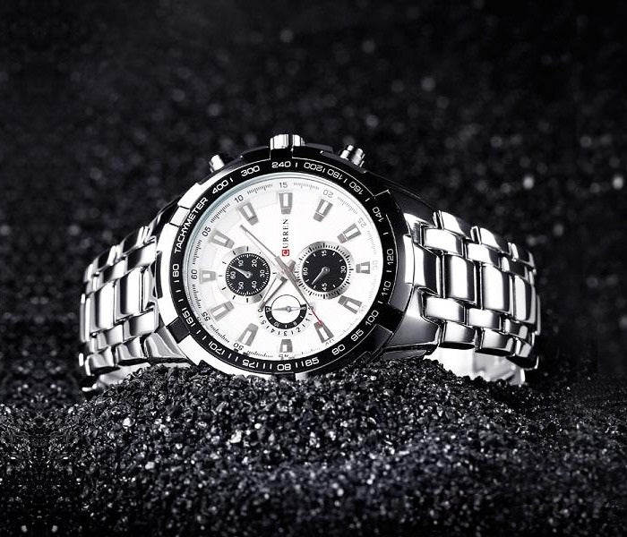 Orologio Polso Curren 8023 Uomo Analogico Quarzo Moderno Silver Quad Bianco