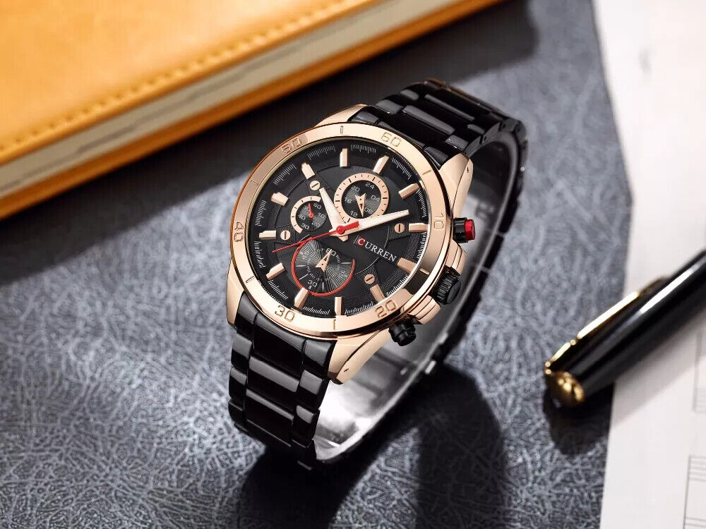 Orologio Da Polso Curren 8275 Uomo Analogico Quarzo Business Nero Oro lac