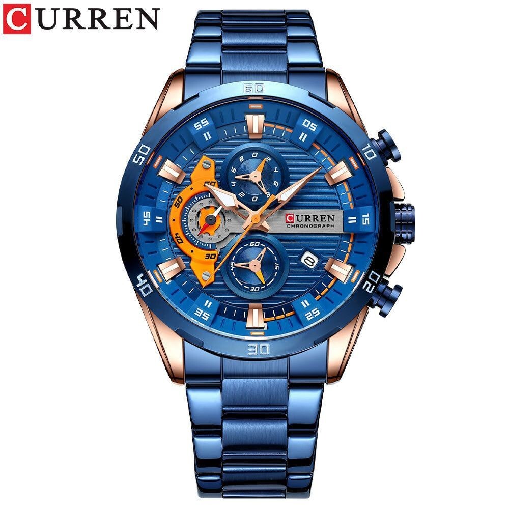 Orologio da Uomo Curren 8402 Chronograph - Acciaio Inox Blu/Arancione, Sport lac