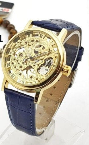 Orologio Polso ZCC 003 Uomo Automatico Cinturino Pelle Casual Blu Dorato lac