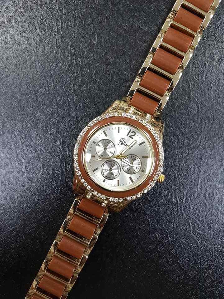 Orologio Polso Yaki Chro Donna Analogico Quarzo Moda Marrone Oro Brillantato lac